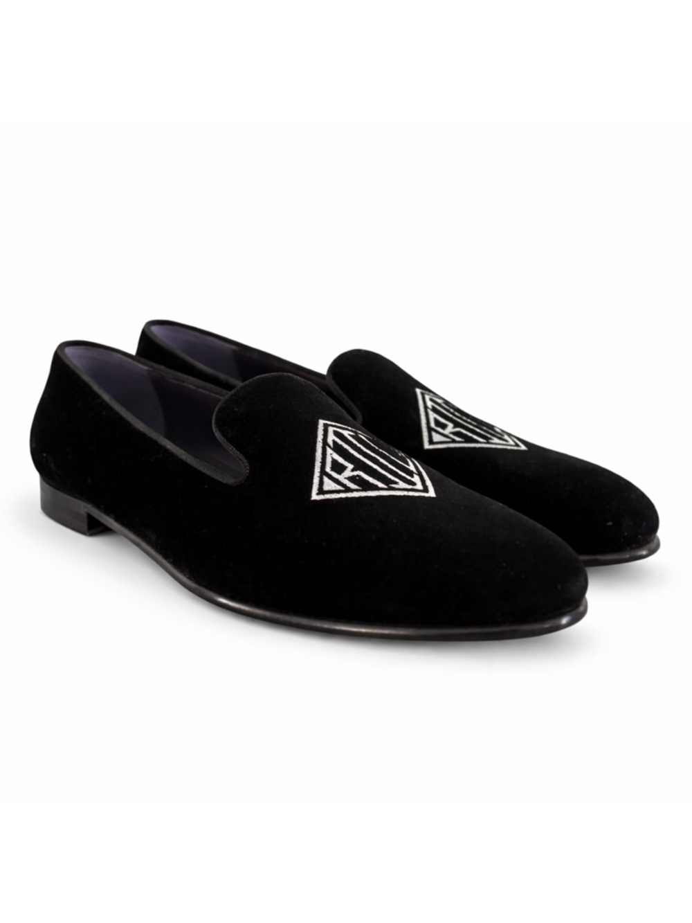 Ralph Lauren Purple Label Alonzo Monogram Bullion Black Velvet Slippers‎